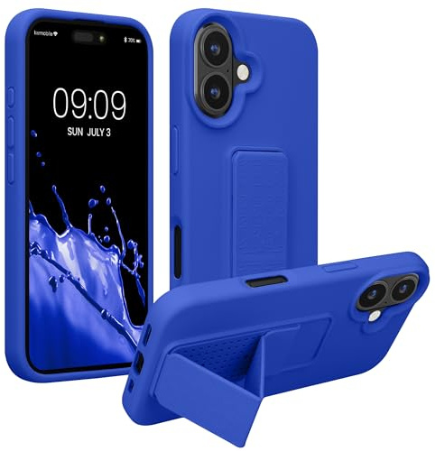 kwmobile Handyhülle für Apple iPhone 16 Hülle - TPU Silikon Case mit Fingerhalter und Stand - Schutzhülle Cover in Baltik Blau