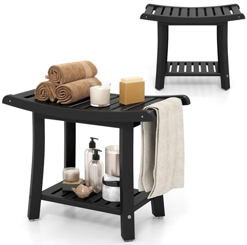 HOMASIS Sgabello da Bagno in HDPE, Panca da Doccia con Piedini Antiscivolo, Sedia Doccia Multiuso e Impermeabile con Portaoggetti per Rasatura, Portata 150kg (Nero, 60,5 x 34 x 48 cm)
