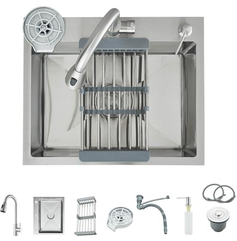 Hevenaov Évier de cuisine en acier inoxydable brossé 60 x 45 cm, ensemble complet avec robinet à douchette amovible, nettoyeur de verres, distributeur de savon et égouttoir réglable