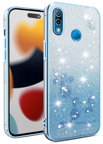 SEHEYA Hülle für Huawei P20 Lite Handyhülle Glitzer Galvanisierte Strasssteine Druckblumen Transparente Weich TPU Silikon Schutzhülle Stoßfeste Case, Blau