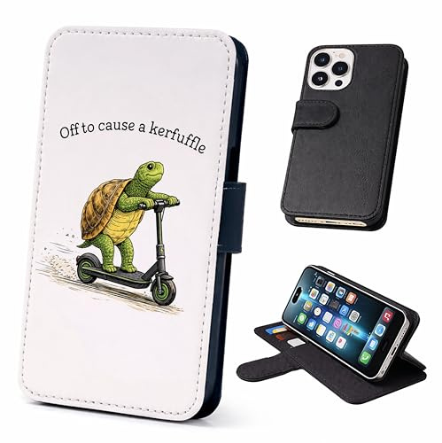 Speaking of Gifts Funny Turtle Quote Wallet Phone Case Flip Cover Compatible with iPhone SE 7 8 X XR 11 12 13 14 15 16 17 Plus Mini Pro Max – Faux Leather Tortoise Scooter Animals Black