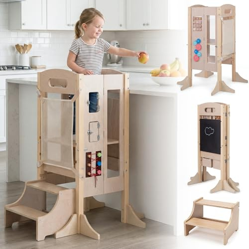 COSTWAY 3 in 1 Lernturm Klappbar, Tritthocker 3 stufig höhenverstellbar