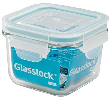 Glasslock Frischhaltebehälter quadratisch (Fassungsvermögen/Höhe/Breite/Länge/Höhe mit Deckel: 210 ml / 6,5 cm / 8,5cm /8,5 cm)