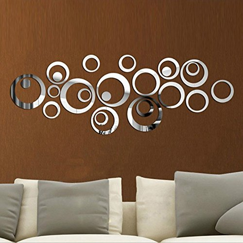 Demiawaking 24Pcs Schöne Abnehmbare 3D DIY Kristall Kreise Aufkleber Spiegel Wandaufkleber Fuer Schlafzimmer,Kinderzimmer, Wohnzimmer, Haus Dekor Silber (10)