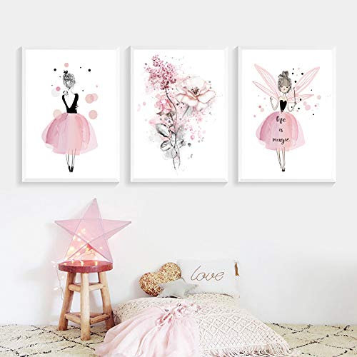 Lot de 3 Affiches pour Chambre d'enfant Fille Rose Tableaux Décorations Murales Peinture sur toile Cadeaux Anniversaire NPTWC003-XL