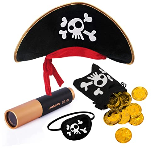 papapanda Piratenhut Augenklappe Karibik Fernrohr Gold Münzen Schatzbeutel für Kinder