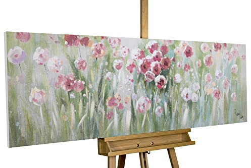 Kunstloft Quadro su tela | 100% DIPINTO A MANO | 150x50cm | Dipinto 'Natura Incontaminata' | Fiori | Rosa Verde | Arte moderna