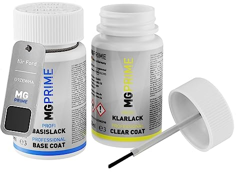 MG PRIME Autolack Lackstift Set für Ford G9ZEWHA / PNZAT0 / M Absolute Black Pearl/Iridium Schwarz Metallic Basislack Klarlack je 50ml