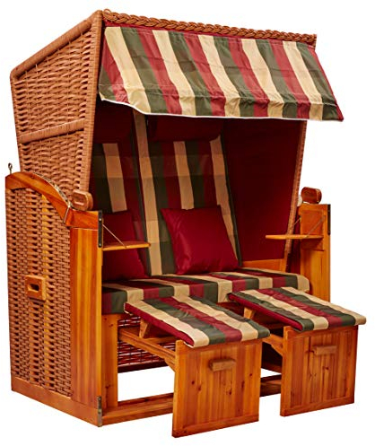 intergrill Strandschönheiten Sophia Ostsee Strandkorb | 2-Sitzer Vollholzfront inkl. Schutzhülle | Beige Burgund Olive | Balkon Terrasse Garten