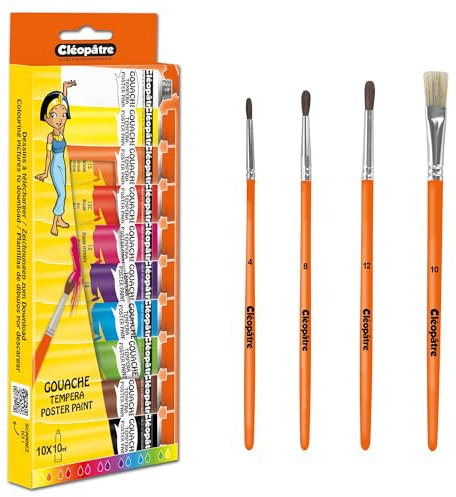 Cléopâtre- Lot de 10 Tubes Peintures Gouache 10 ml Blanc, Jaune Primaire, Magenta, Bleu Primaire, Noir, Orange, Rouge vif, Vert, Violet et Marron. + 4 Pinceaux