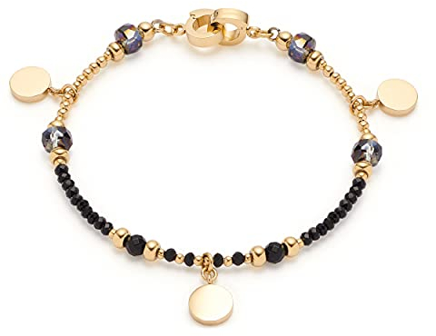 JEWELS BY LEONARDO Armband Clip & Mix Cesira • Arm-Kette aus goldfarbenem Edelstahl • facettierte Glaskristall-Perlen und Münzanhänger • 18,5 cm Länge • besonderes Schmuck Geschenk für Frauen • 018305