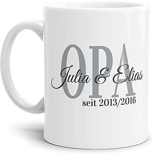 Tasse - Opa seit - zum selbst Gestalten mit Kindernamen und Geburtsjahren - Geschenk für den besten Opa - Keramiktasse, Weiß Glanz, 300 ml