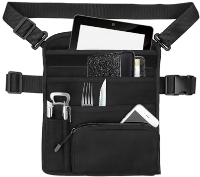 HGNUTAY Server Apron Waiter waitress Server Apron Pouch with Removable Money Restaurant Apron Bag with Adjustable Shoulder Strap and Waist Belt for Tip, Change, IPad, Tablet, Black, L