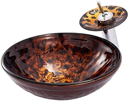 Bathroom Vessel Sink, Hand Painted Vessel Sink Artistic Tempered Glass Round Vessel Sink, Bathroom Sink Bowl with Pop Up Drain and Waterfall Faucet