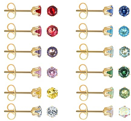 Lot de 12 paires de boucles d'oreilles à tige en acier inoxydable chirurgical plaqué or jaune 18 carats avec oxyde de zirconium 3 mm, 4 mm, 5 mm, 6 mm, Acier inoxydable, Zircone cubique