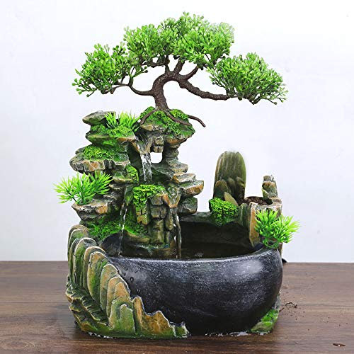 Indoor Fountain Rock Garden Aquarium, Green Plant Fountain Made of Polyresin, Indoor Water Fountain Living Room Desktop Bonsai Ornaments, Decorative Table Fountain for the Office at Home