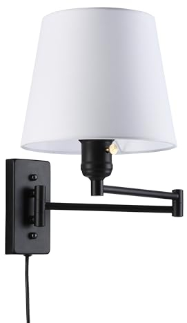 B·LED BARCELONA LED BarcelonaLED Applique murale à bras articulé noir nordique moderne avec câble de prise et interrupteur abat-jour en tissu blanc douille E27 pour lecture chambre chevet hôtel