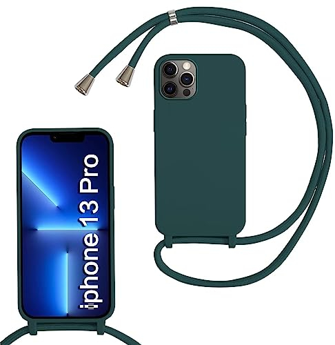MBSLFY Lanyard Case for iPhone 13 Pro, Liquid Silicone Protective Phone Case with Strap Adjustable Neck Cord Necklace Soft Cover for iPhone 13 Pro, Dark green