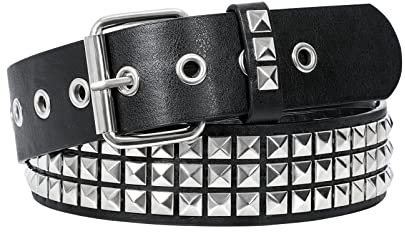 JASGOOD Punk Rivet Studded Belt Goth Row Pyramid Square Bead PU Leather Vintage Punk Rock Grommet Belt for Jeans Pants,Black,S