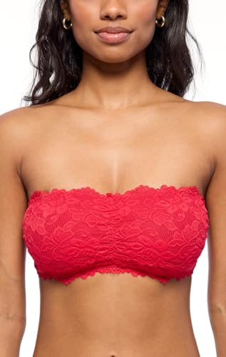 Jenny Jen Amber Women's Bandeau Lace Bra, X-Large, Red | Ultra Soft Nylon & Spandex Lace, Unlined & Unpadded Tube Top, Adjustable & Convertible Straps, Wire-Free Bralette