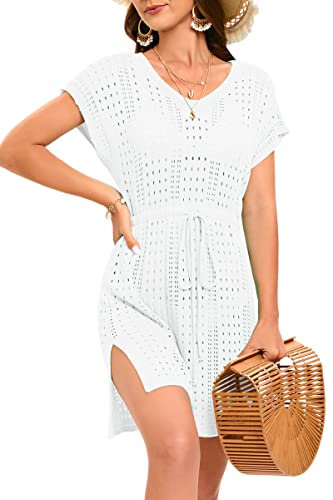 Timuspo Beach Cover Up for Women UK White Crochet Tie Waist Bikini Beach Dress Plus Size Swim Cover-Ups & Sarongs Beachwear