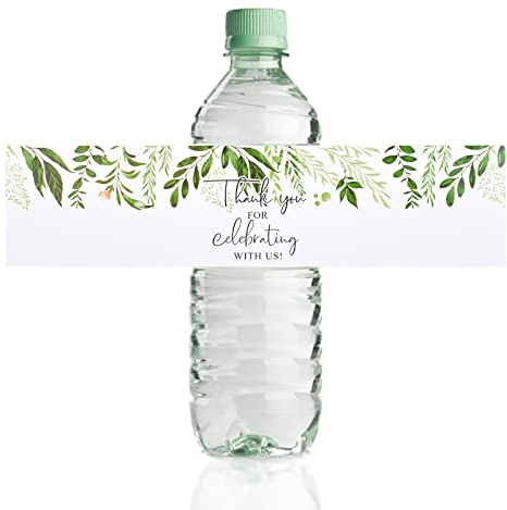 URROMA Hochzeits-Wasserflaschen-Etiketten, 50 St點k, Thank You, fortschrittliche gr黱e Bl鋞ter, Wasserflaschen, personalisierte Wasserflaschen-Aufkleber f黵 Geburtstag, Babyparty