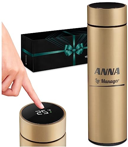 Maverton Tazza termica 450 ml - borraccia con incisione personalizzata in acciaio inox - coperchio ermetico one-touch - Thermos tè caffè con display led - per donna - gold - Manager