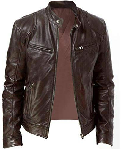 Veste en cuir PU pour homme, noir, couleur unie, blouson de motard, chaud, coupe-vent, avec poches, pour les sports de plein air, style vintage, marron, XXXXL