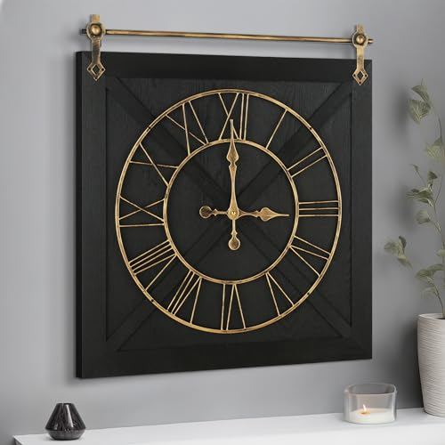 HAITANG Große, geräuschlose, Nicht tickende Holz-Wanduhr, batteriebetrieben, Vintage-Stil, rustikale römische Ziffern, Uhren Wanduhren für Wohnzimmer, Schlafzimmer, Küche Dekoration (Schwarz,Gold)