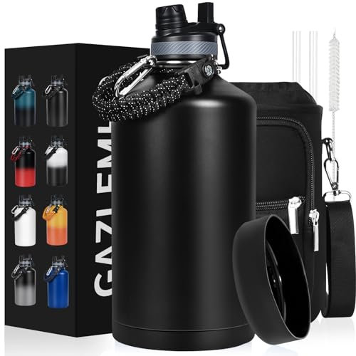 GAZLEMHO 1 Gallon Water Bottle Insulated, Leak Proof 128 oz Stainless Steel Water Jug with Straw/Spout 2-in-1 Lid, Sleeve, Paracord Handle, Silicone Boot, One Gal Metal Canteen for Gym Sports Camping
