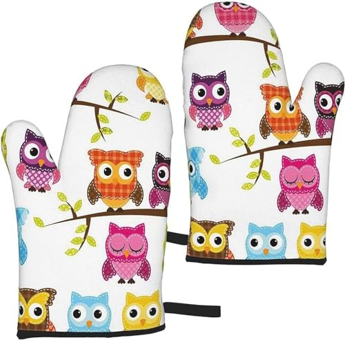LaVami Ofenhandschuhe, Eulen auf Baumzweigen, 2er-Set, hitzebeständige Küchenhandschuhe, Damen und Herren, Kochen, Grillen, Mikrowelle