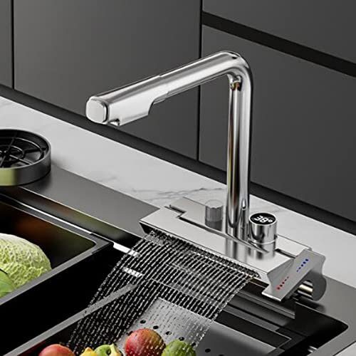 Robinets, robinets d'évier de cuisine avec douchette extractible en laiton monotrou eau chaude et froide affichage numérique mitigeur de cuisine/Chrome