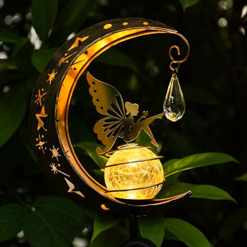 LOVERUIS Luci solari da giardino per esterni, lampada a forma di luna, impermeabile, con sfera di vetro crepitante, luci a LED a forma di angelo, decorazione per tomba, balcone, prato, patio, sentiero
