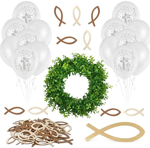 92 Stück Kommunion Dekoration Set Girlande Grüne Kommunion Holz Fische Streudeko Weiß Luftballon Grün Blätter Taufe Tischdeko Konfirmation Deko für Mädchen Junge