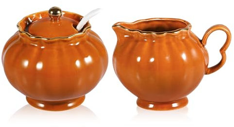Ursword Lot de 3 sucriers en céramique avec couvercle, pot à lait et cuillère, service à café, ensemble de céréales et sucre, passe au lave-vaisselle et au micro-ondes, cadeau, orange