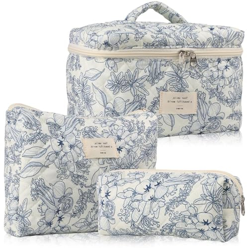 Damen Gesteppte Kulturtasche, 3 Stück Kosmetiktasche, Blumenmuster Kulturbeutel Set, Reisen Schminktasche Gedruckt, Baumwolle Make up Bag für Frauen Mädchen (Dunkelblau)