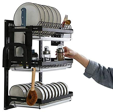 Rejilla para escurrir Platos de Pared, Rejilla de Secado de Cocina de Tres Capas de Acero Inoxidable, con Bandeja de Goteo/Jaula para Palillos/Porta Cuchillos/Gancho, 41,2 × 22,2 × 55,7 cm