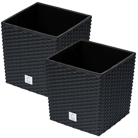 Valle Verde 2er Set Blumentopf mit Innenkasten Pflanzkübel Pflanztopf Blumenkübel Übertopf Rattan-Optik Kunststoff (26,2 x 26,2 x 26,6 cm Anthrazit)