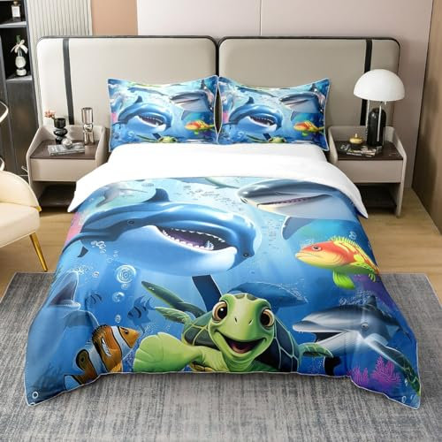 Cartoon Ozean Tier 100% Baumwolle Bettbezug,Nette Hai Schildkröte Tröster Abdeckung für Kinder Jungen Mädchen,Tropische Fische Bettwäsche Set,Unterwasser Welt Bettbezug 135x200