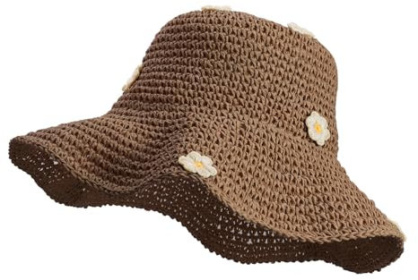 JJDreams Faltbar Sommer Strohhut mit Blumen Damen Strohhut Khaki Frauen Outdoor UV Atmungsaktiver,Leichter Bucket Hat