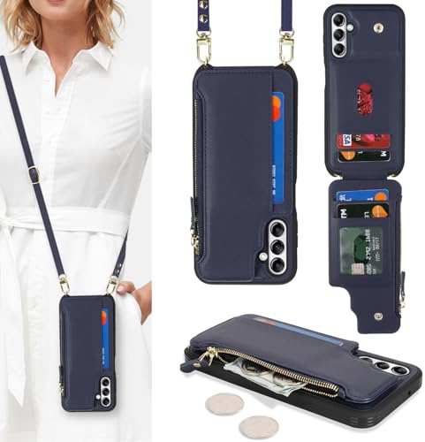SailorTech Handyhülle für Samsung Galaxy A14 5G Etui mit Kartenfach, Samsung Galaxy A14 5G Hülle mit Verstellbarer Halskette, Samsung A14 5G Handytasche mit Reißverschluss Geldbörse-Blau