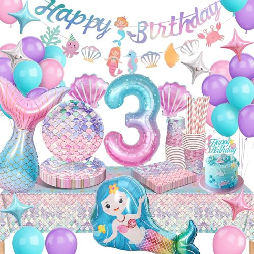 Meerjungfrau Partygeschirr Set, Meerjungfrau Geburtstag Deko 3 Jahre, Geburtstag Party Geschirr, Pappteller Kindergeburtstag Deko mit Luftballons für Geburtstagsdeko Mädchen 3 Jahre 16 Gäste