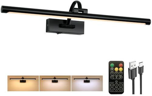 Tassuowell Luce per quadri a batteria con telecomando, 3 CCT dimmerabile per dipinti, nera ricaricabile da 61 cm, lampada da parete a batteria, per illuminazione artistica, galleria, ritratti, opere