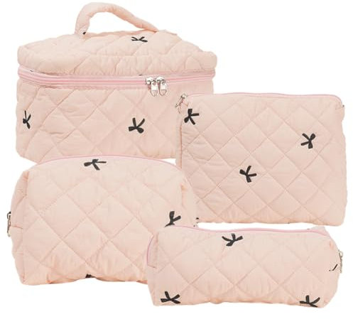 4er Kosmetiktasche Set für Damen,Kulturtasche Gesteppte Makeup Tasche Tragbar Aesthetic Reise Kosmetiktasche Organizer mit Reißverschluss,Kosmetiktaschenset für Mädchen,Bestickte Schleife (Pink)