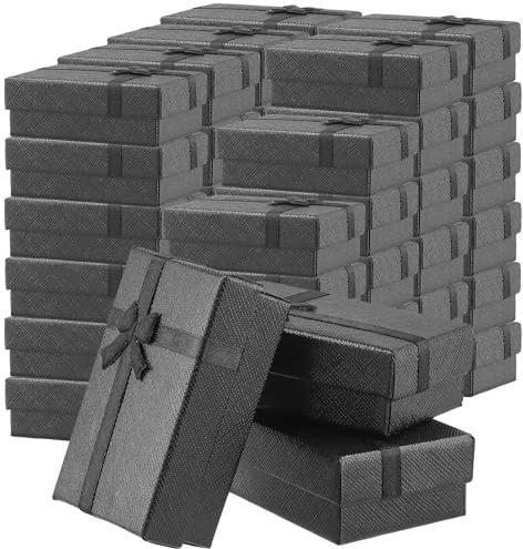 SINJEUN 48 PCS Black Jewellery Gift Boxes, 8 x 5 x 3cm Rectangle Jewellery Packaging Boxes with Lids and Bow Knot for Storing Bracelet, Ring, Earring, Necklace