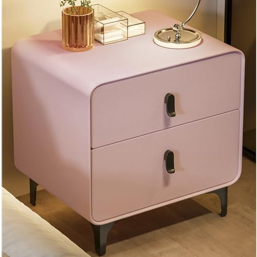 DXDRT Comodino in Legno A 2 Cassetti per Camera da Letto, Tavolino da Notte Moderno di Superficie in Pelle, Tavolino da Letto Salvaspazio per Soggiorno,Dormitorio,Rosa,45x40x50cm