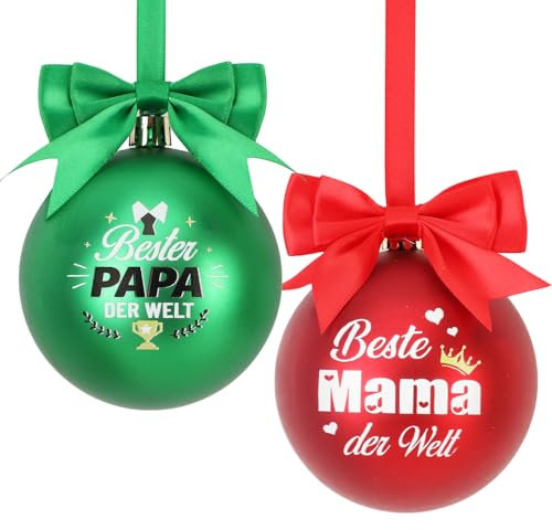 DPKOW 2 x Mama Papa Weihnachtskugeln Geschenke, Beste Mama Bester Papa Weihnachtskugeln aus Kunststoff, Söhne Töchter Geschenke für Mama und Papa Christbaumkugel, Rot Grün 80 mm Bruchsicher