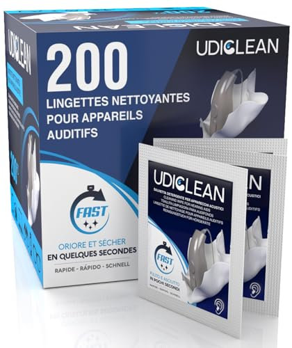 200 lingettes jetables humidifiées Udiclean pour le nettoyage quotidien des appareils auditifs et cochléaires La formule douce élimine la graisse et la sueur