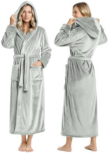 NY Threads Premium Womens Robe with Hood, Plush Fleece Long Bath Robe for Women, Fluffy Soft Women's Bathrobe, Light Grey, X-Large (Pack of 1)