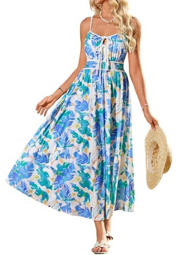 GRACE KARIN Abito estivo da donna, linea ad A, con scollo a V, abito lungo, senza maniche, motivo floreale, stile bohémien, con spalline e spalline, Viola Verde, M